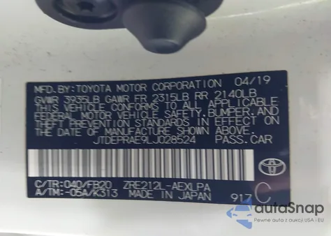 2020 Toyota Corolla Le z USA, uszkodzony, nr VIN JTDEPRAE9LJ028524